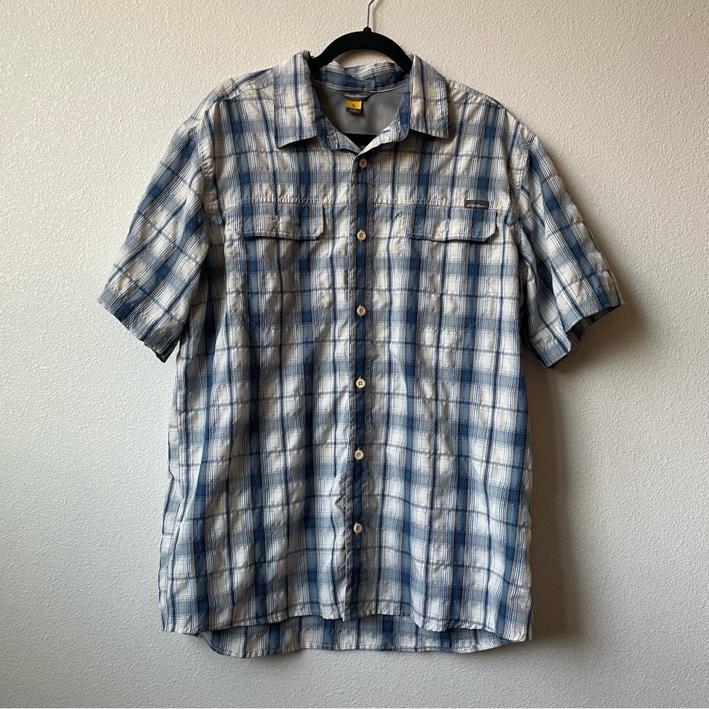 Eddie Bauer Men’s Large Short Sleeve Button Up Shirt Blue & White - Picture 1 of 6
